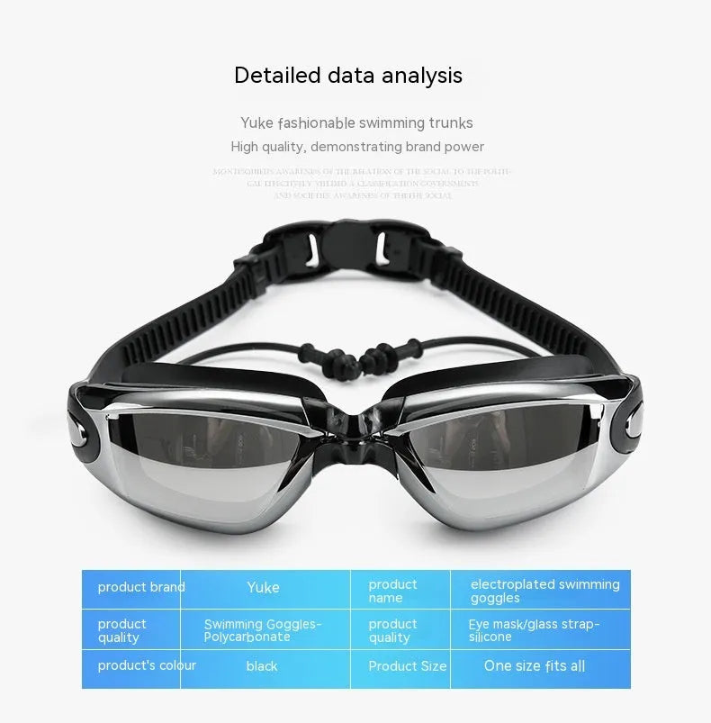 Men's complete swimming set showing briefs, anti-fog goggles, waterproof cap, ear plugs with nose clip, and swimming bag
