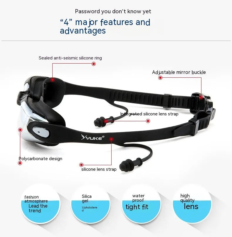 Men's complete swimming set showing briefs, anti-fog goggles, waterproof cap, ear plugs with nose clip, and swimming bag