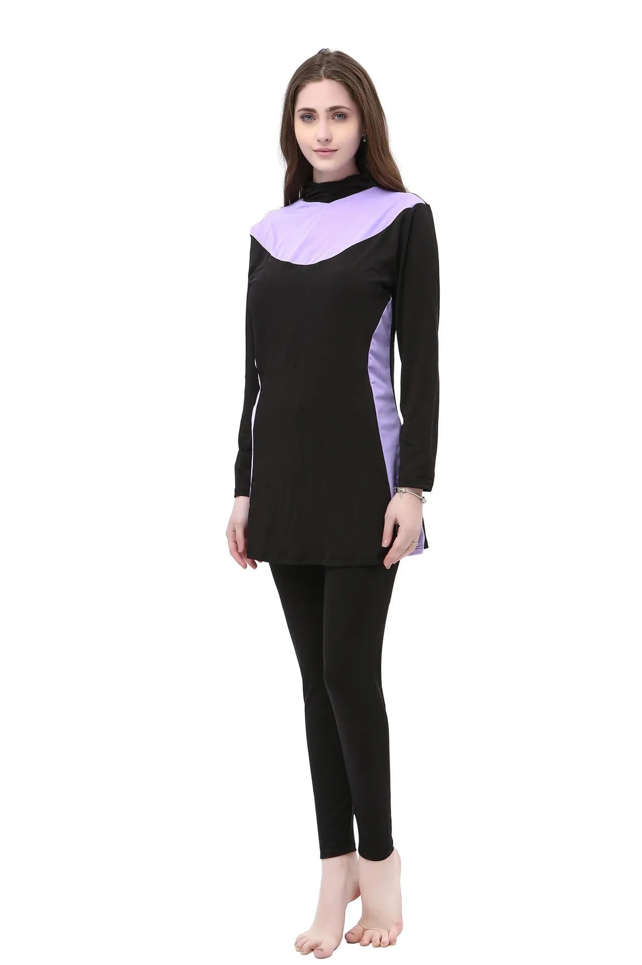 Conservative black and rose red women's swimsuit set with long sleeves, hood, and trousers.