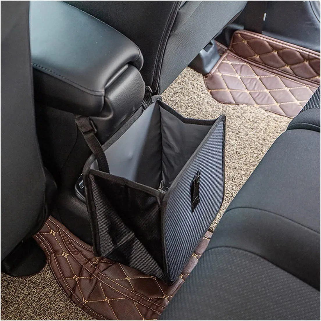 Black waterproof car folding trash can with hanging strap and oxford cloth construction