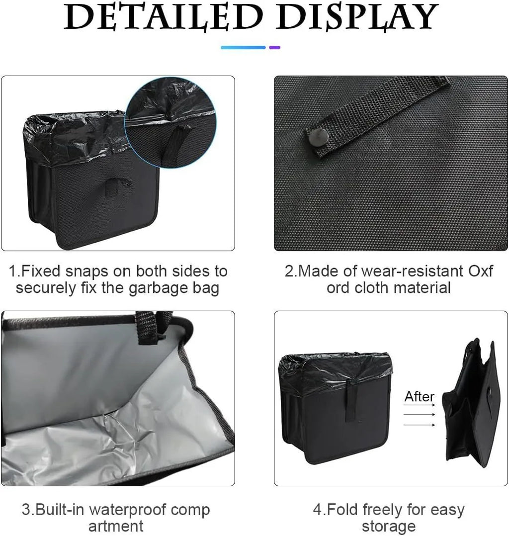 Black waterproof car folding trash can with hanging strap and oxford cloth construction
