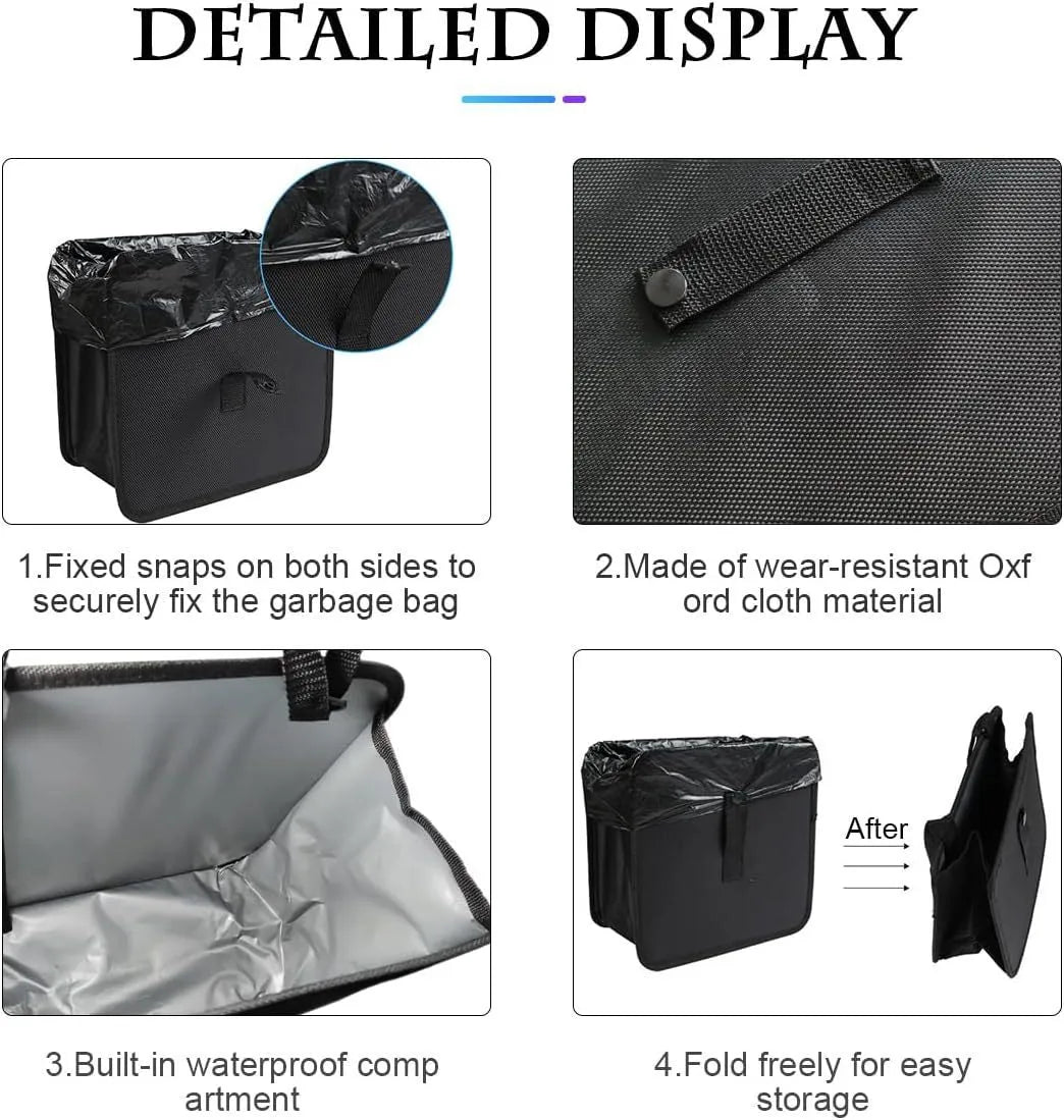 Black waterproof car folding trash can with hanging strap and oxford cloth construction