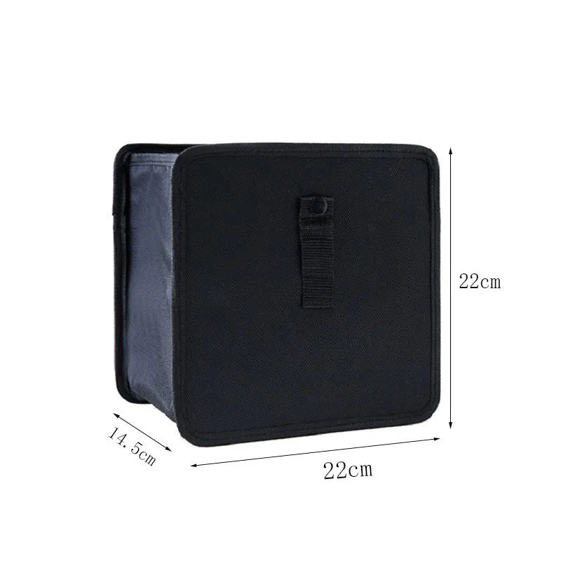 Black waterproof car folding trash can with hanging strap and oxford cloth construction