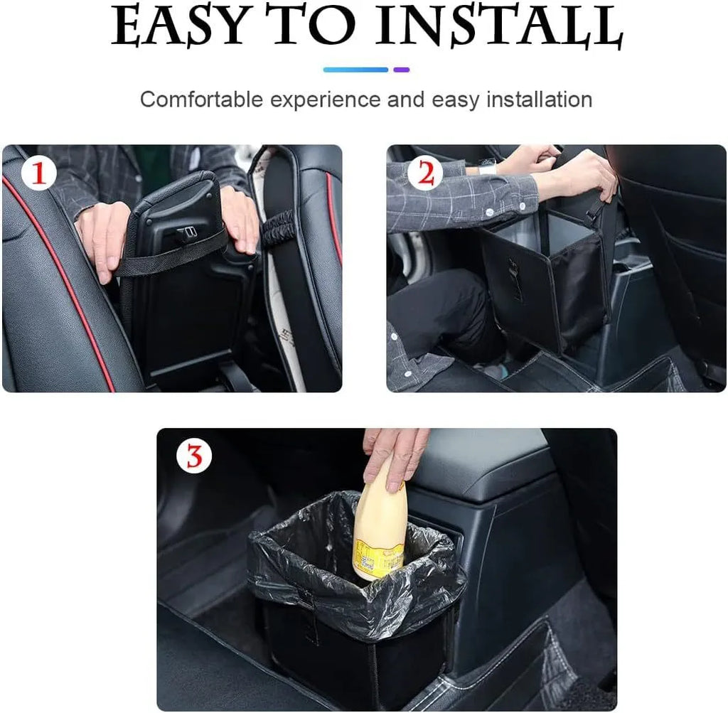 Black waterproof car folding trash can with hanging strap and oxford cloth construction