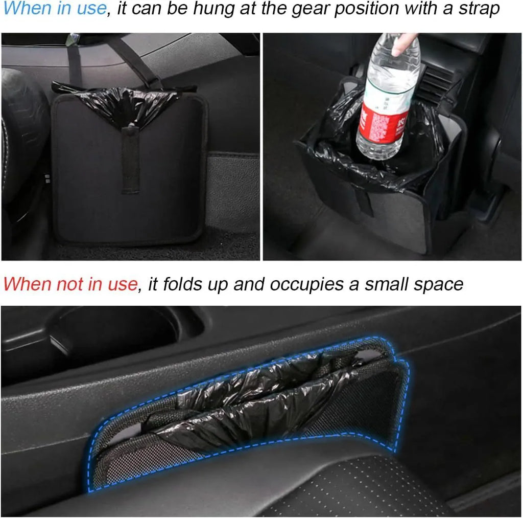 Black waterproof car folding trash can with hanging strap and oxford cloth construction