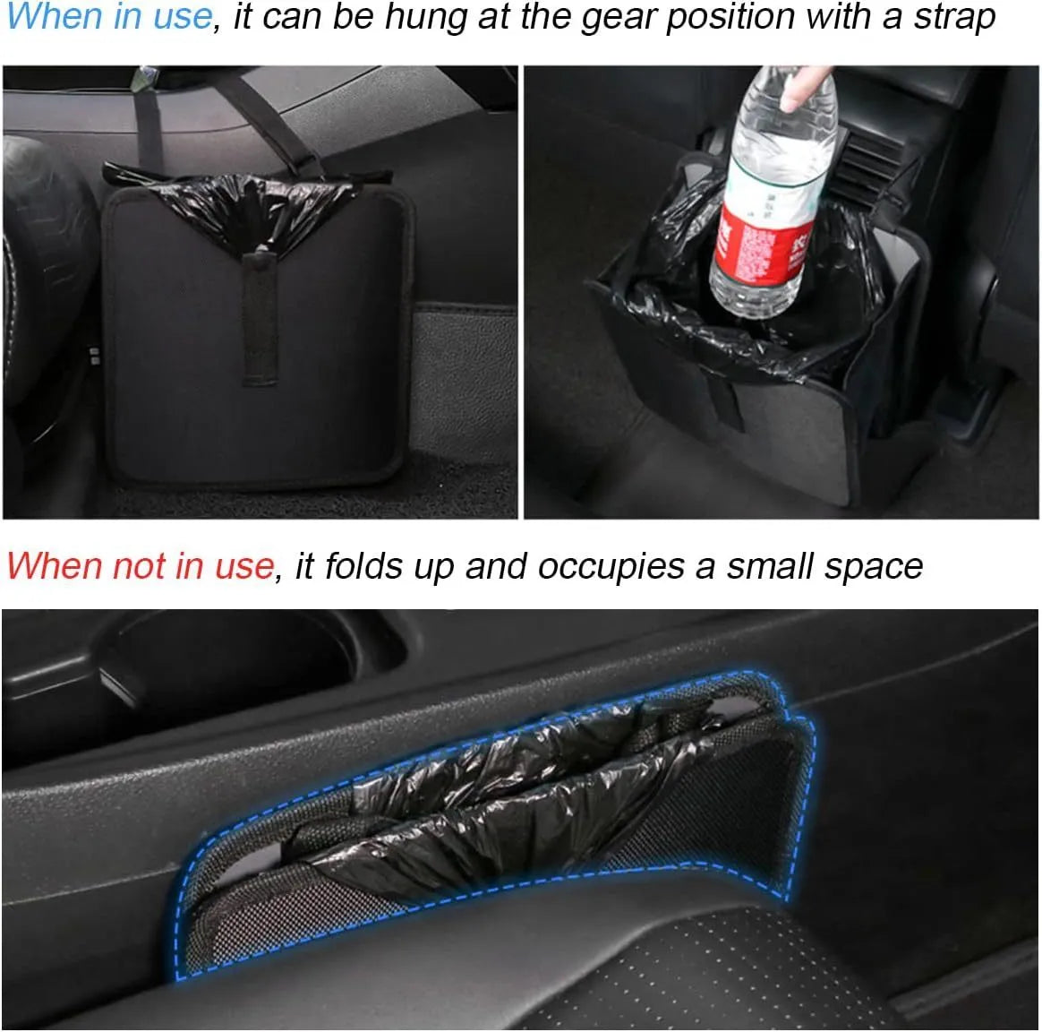 Black waterproof car folding trash can with hanging strap and oxford cloth construction
