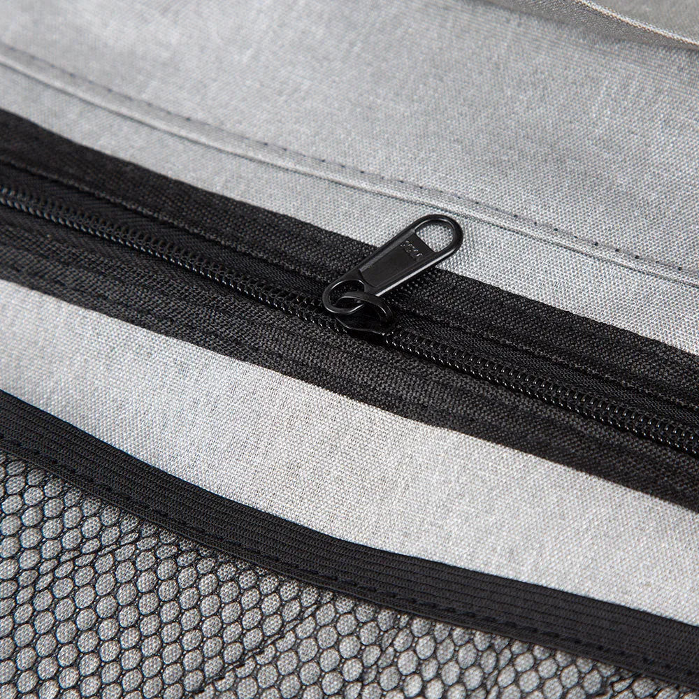 Car boot hanging storage bag made from black Oxford cloth with red piping and handle