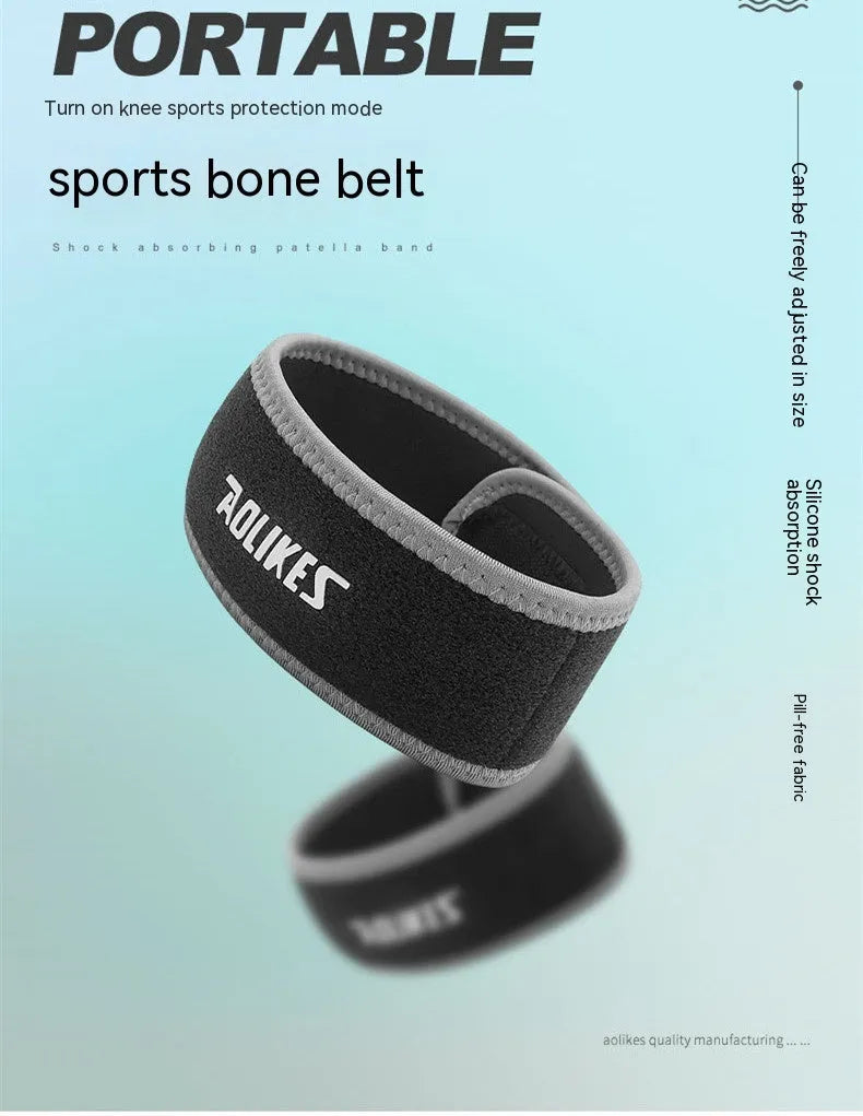 Black and grey patella retinaculum knee brace for sports protection.