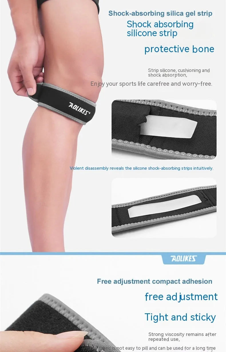 Black and grey patella retinaculum knee brace for sports protection.