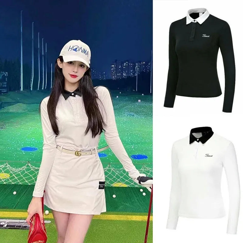 Women's white long sleeve slim fit golf top made of breathable polyester fabric.