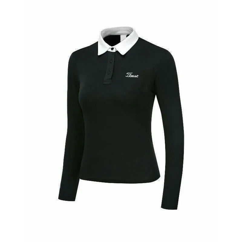 Women's white long sleeve slim fit golf top made of breathable polyester fabric.