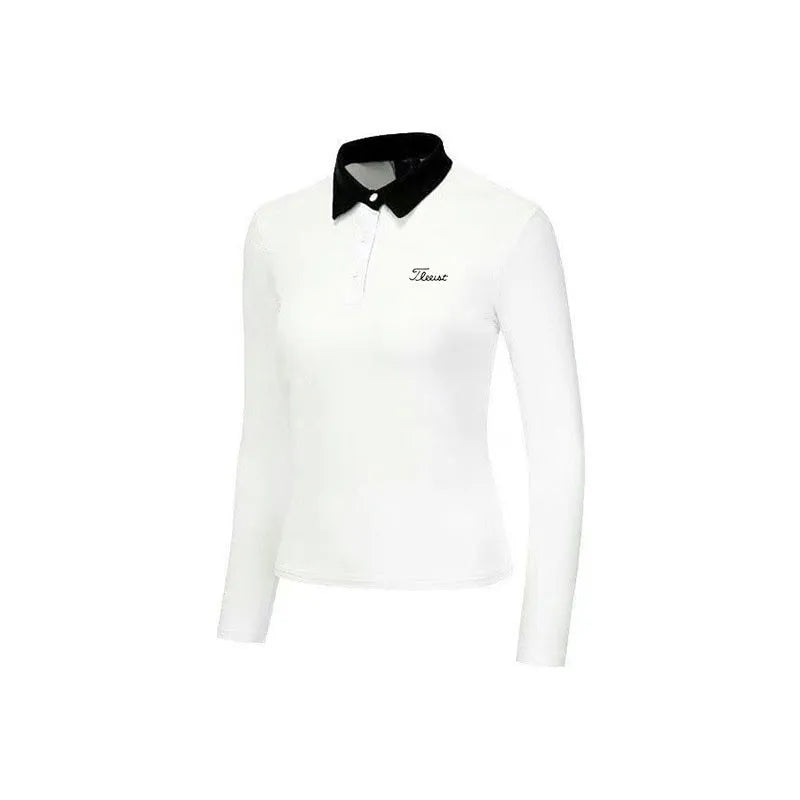 Women's white long sleeve slim fit golf top made of breathable polyester fabric.