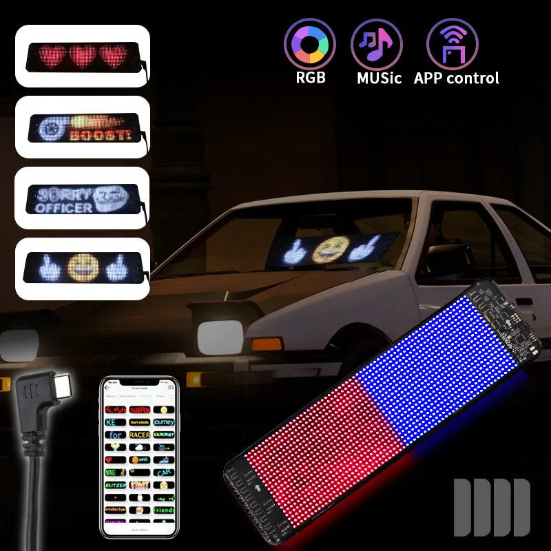 Flexible Bluetooth LED screen for car rear windshield display measuring 49.2 by 110 cm