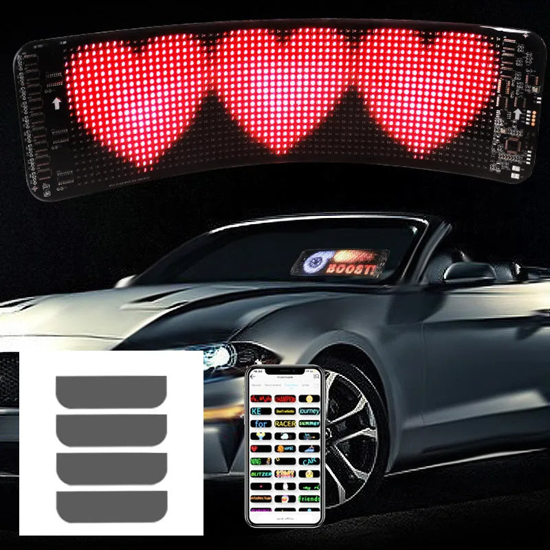 Flexible Bluetooth LED screen for car rear windshield display measuring 49.2 by 110 cm