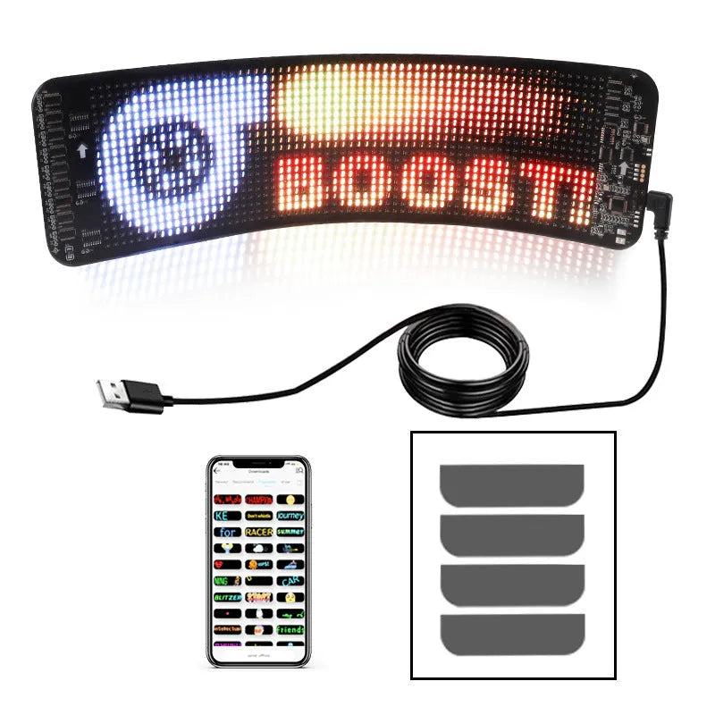 Flexible Bluetooth LED screen for car rear windshield display measuring 49.2 by 110 cm
