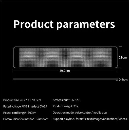 Flexible Bluetooth LED screen for car rear windshield display measuring 49.2 by 110 cm