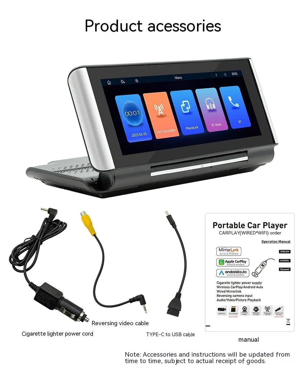 6.86 inch black car MP5 player dashboard screen with Wireless CarPlay and reversing camera input ports.
