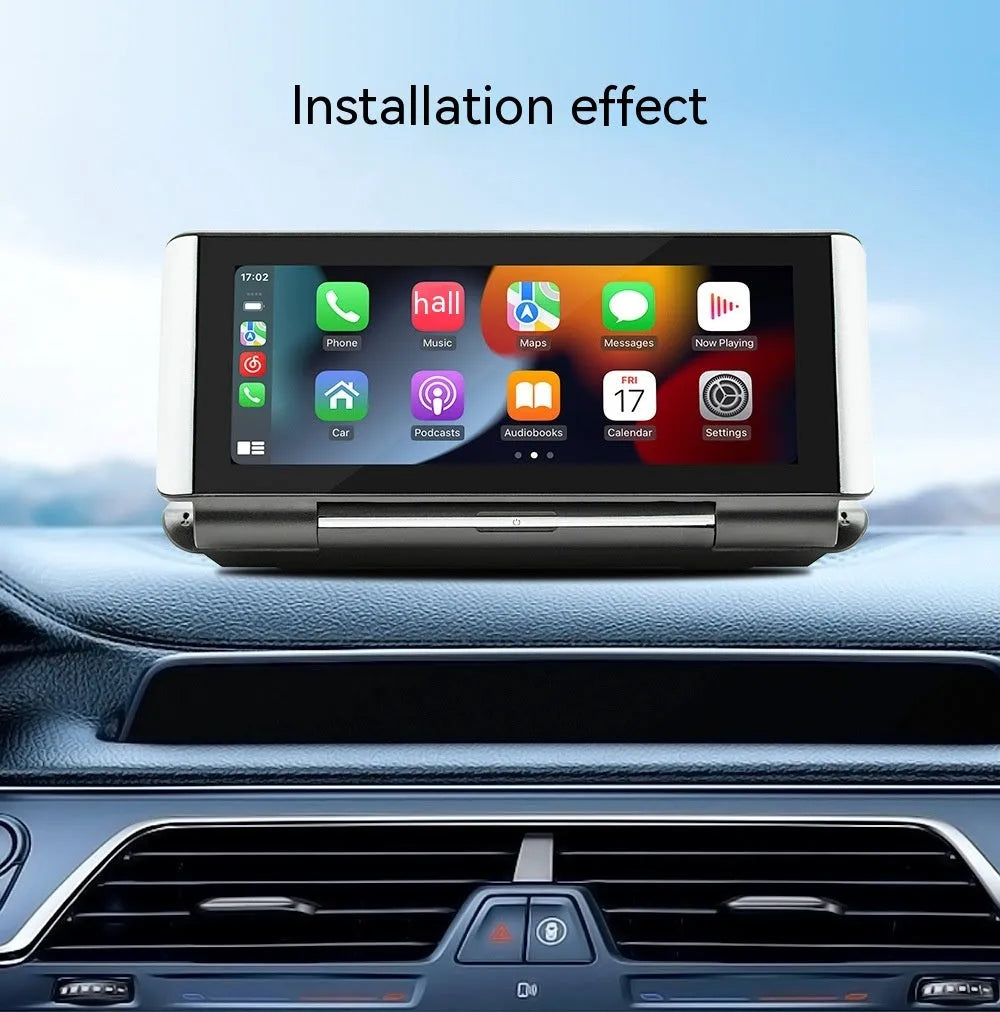 6.86 inch black car MP5 player dashboard screen with Wireless CarPlay and reversing camera input ports.