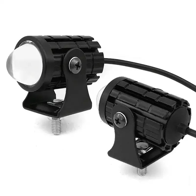 Motorcycle spotlight with dual colour lens in aluminium PC housing measuring 6x6x7cm