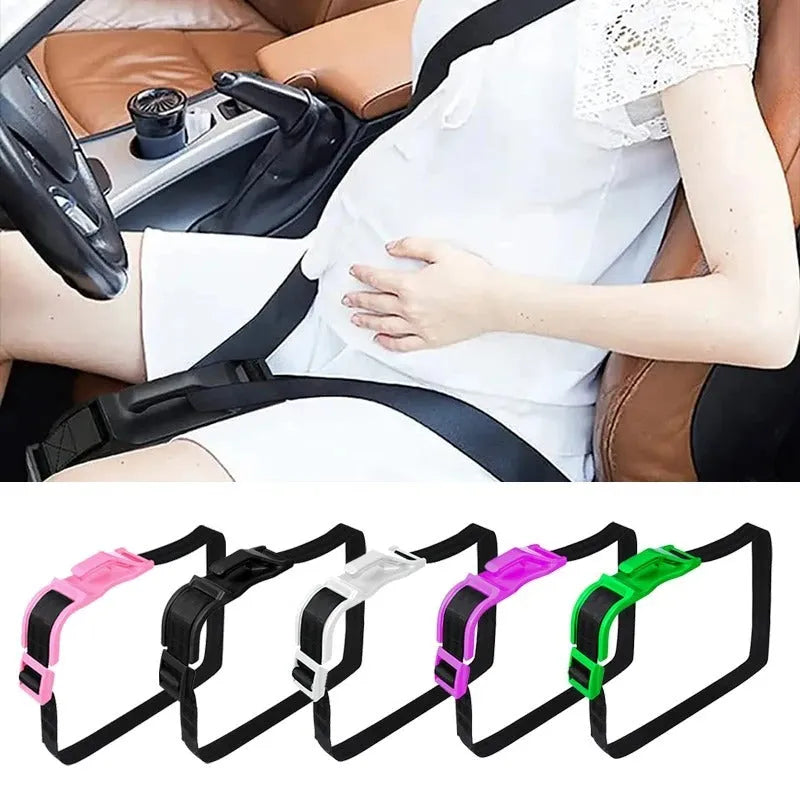 Black universal pregnancy car seat belt adjuster buckle on a car seat.