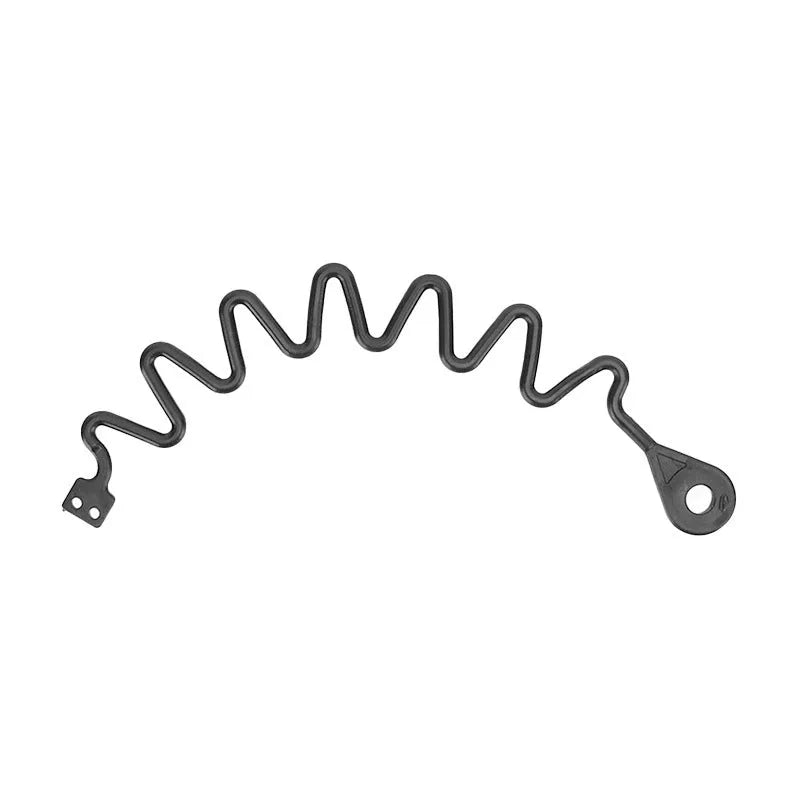Black rubber Volvo fuel cap tether showing circle band and separate rope anti-lost designs