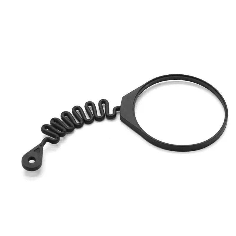 Black rubber Volvo fuel cap tether showing circle band and separate rope anti-lost designs
