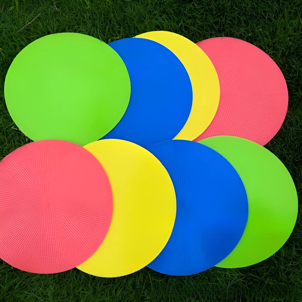 Flat circular TPE football training marker disc in bright colours for field practice.