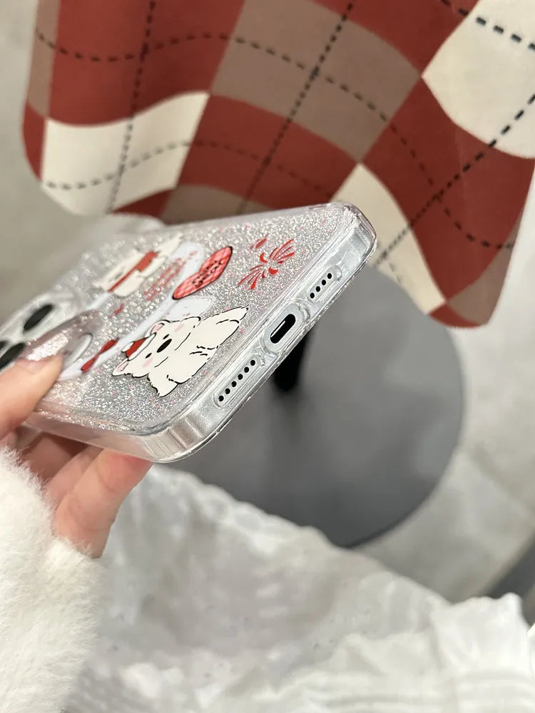 Cartoon red scarf dog magnetic silicone phone case for iPhone with glitter fireworks print