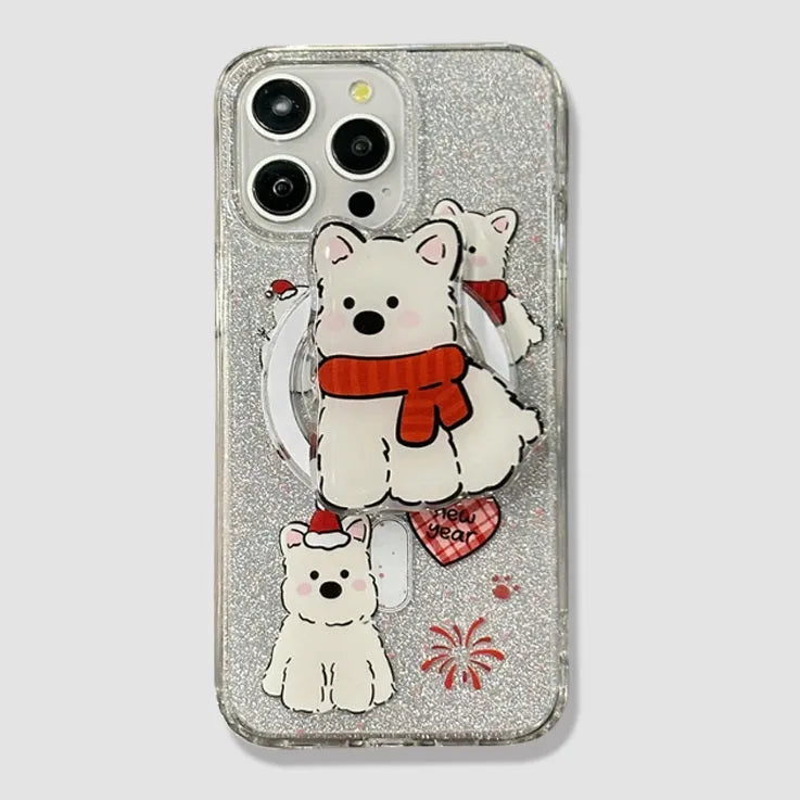Cartoon red scarf dog magnetic silicone phone case for iPhone with glitter fireworks print