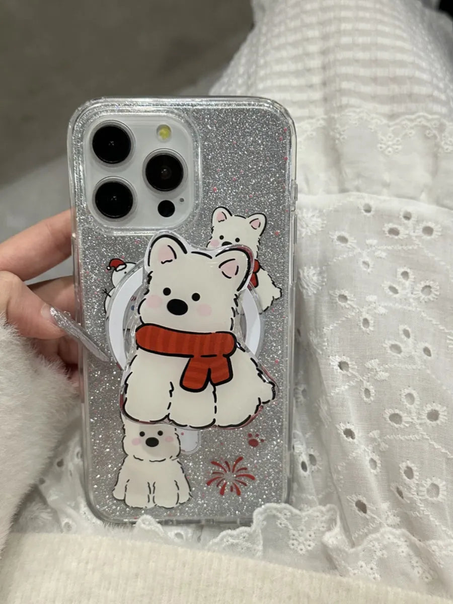 Cartoon red scarf dog magnetic silicone phone case for iPhone with glitter fireworks print