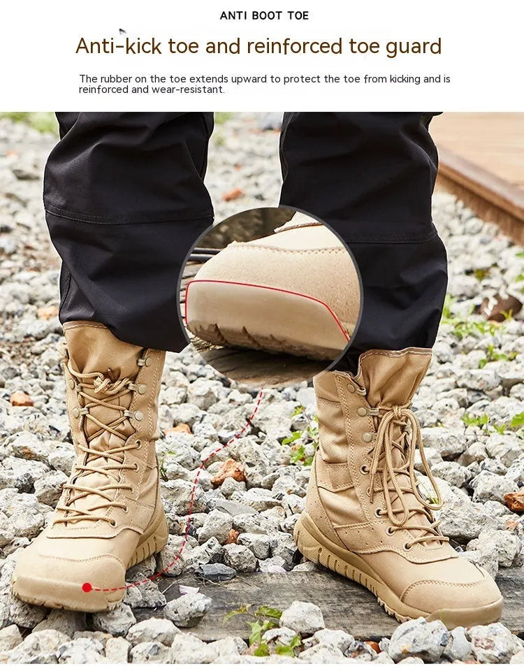 Yulong tactical desert combat boots in black and sand colours for outdoor climbing and hiking