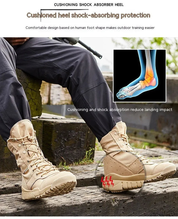 Yulong tactical desert combat boots in black and sand colours for outdoor climbing and hiking