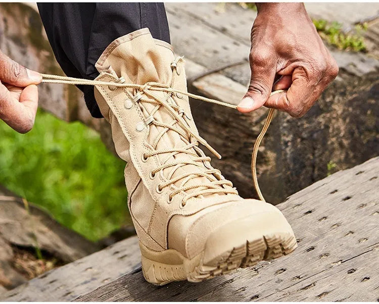 Yulong tactical desert combat boots in black and sand colours for outdoor climbing and hiking