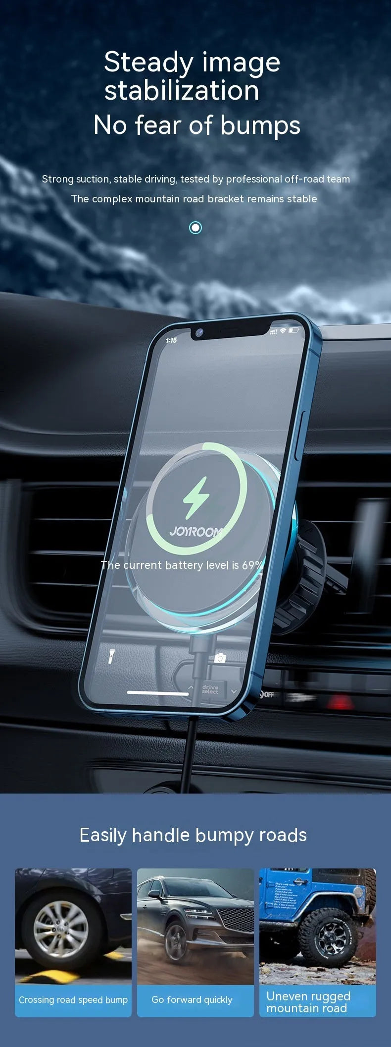 Black magnetic wireless charging car phone mount attached to vehicle air vent