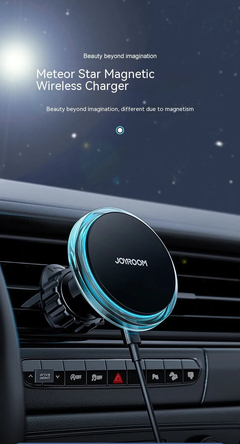 Black magnetic wireless charging car phone mount attached to vehicle air vent