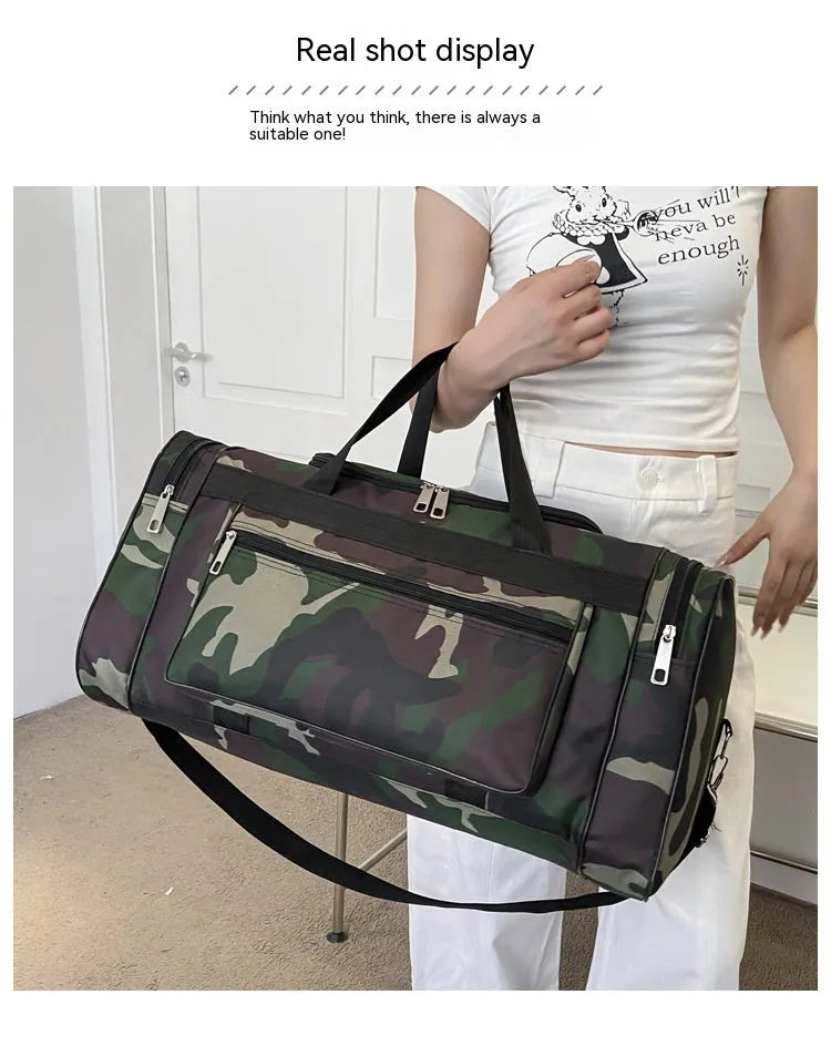Camouflage coloured waterproof luggage bag with striped polyester lining.