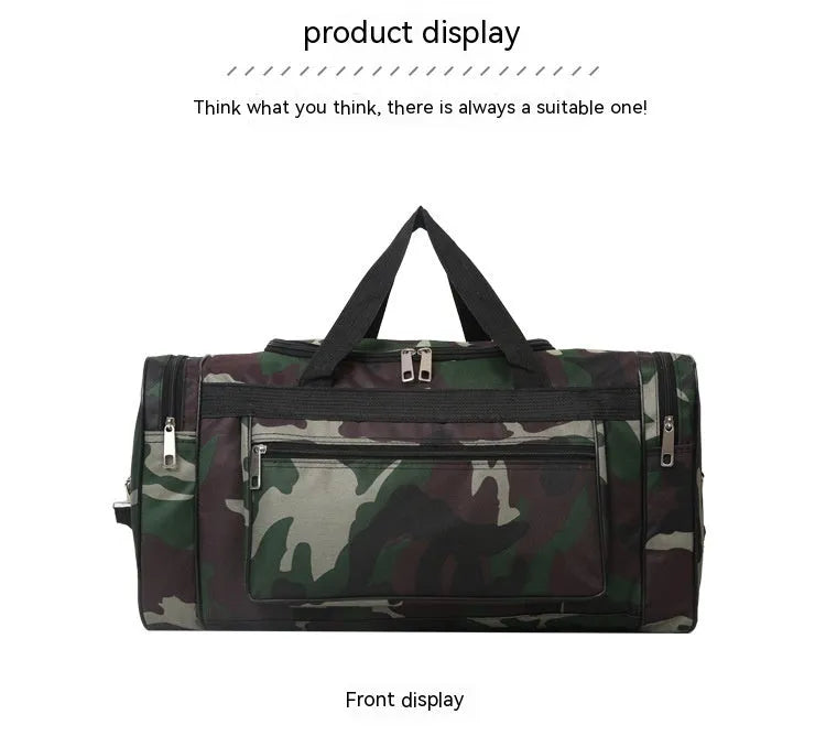 Camouflage coloured waterproof luggage bag with striped polyester lining.