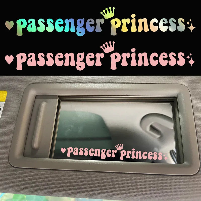 Passenger Princess black vinyl car sticker on a car rearview mirror.