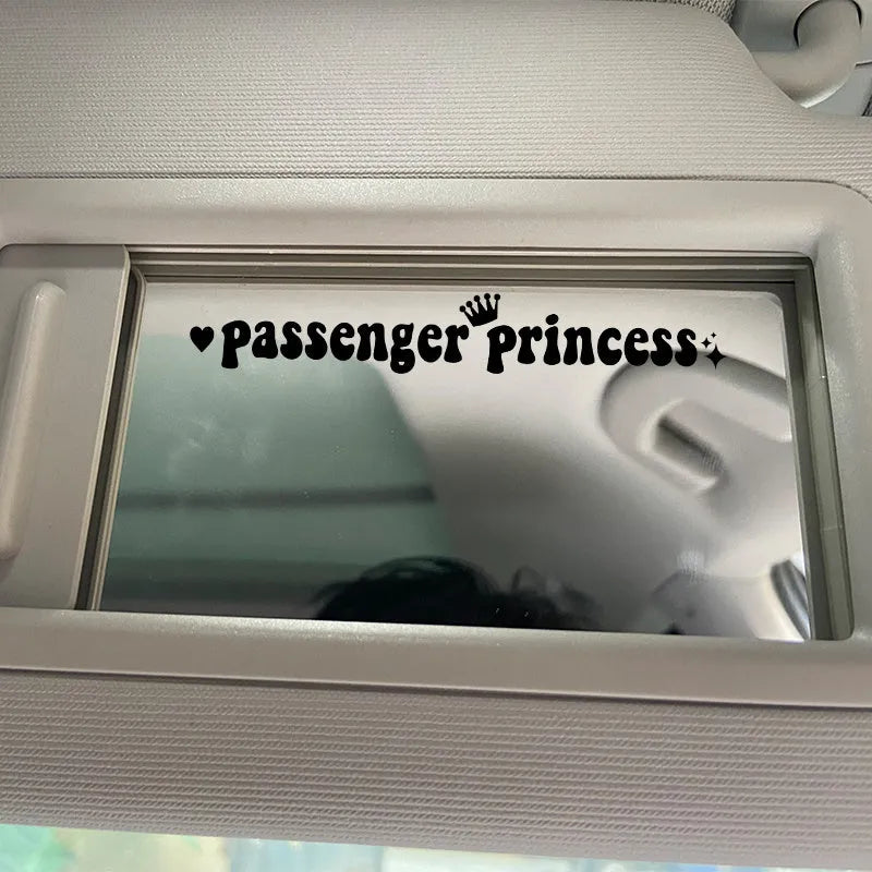 Passenger Princess black vinyl car sticker on a car rearview mirror.