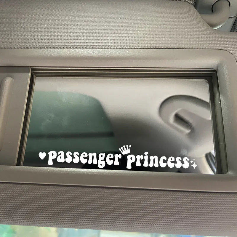 Passenger Princess black vinyl car sticker on a car rearview mirror.
