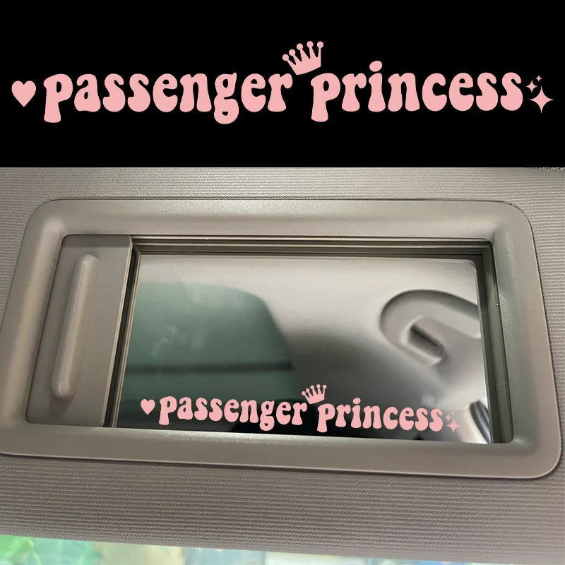Passenger Princess black vinyl car sticker on a car rearview mirror.