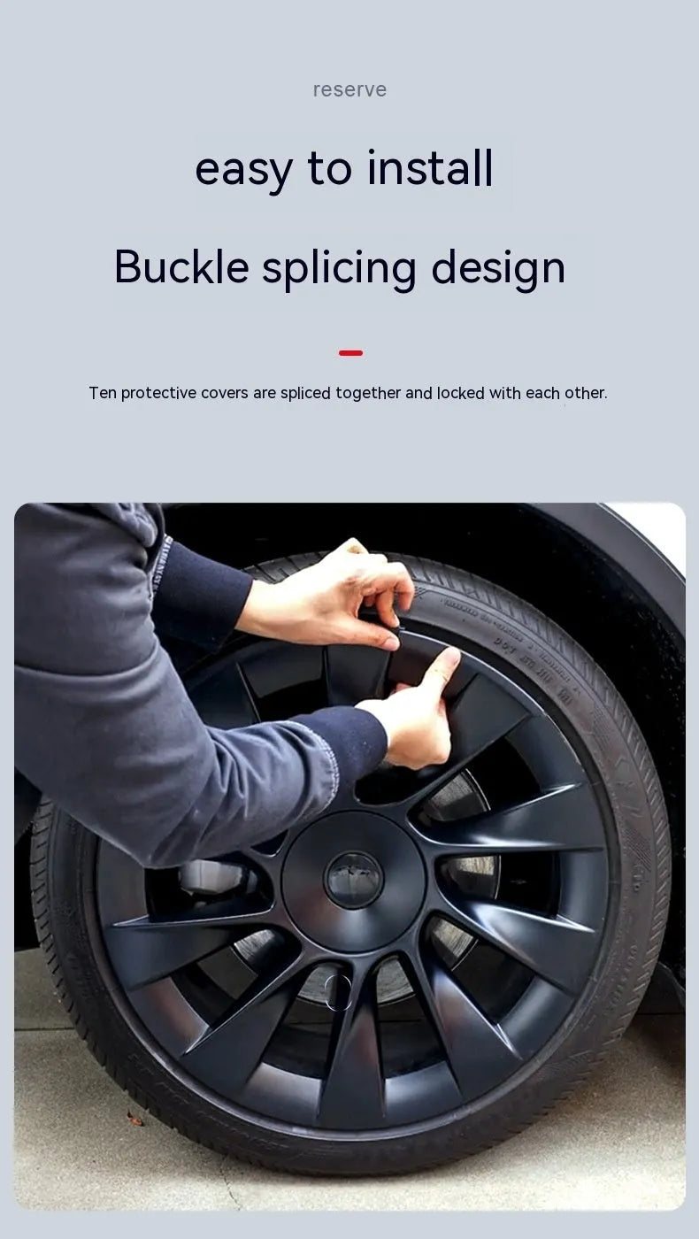 Set of Tesla Model Y plastic wheel hub covers in black, white, red, and carbon fibre pattern finishes.