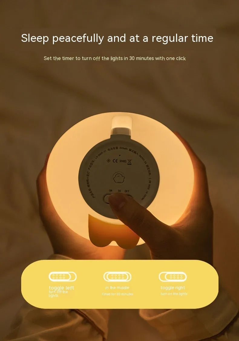 Cute duck LED night lamp in silicone with USB charging, touch sensor, and 125mm x 105mm x 110mm size
