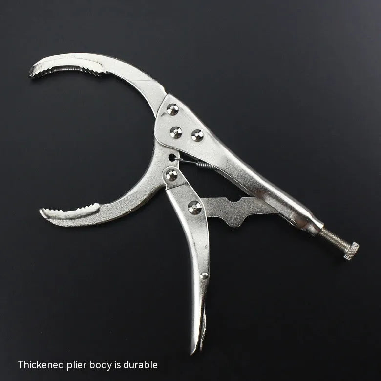 45 steel adjustable oil filter wrench showing clamp mechanism and 50-110mm range markings