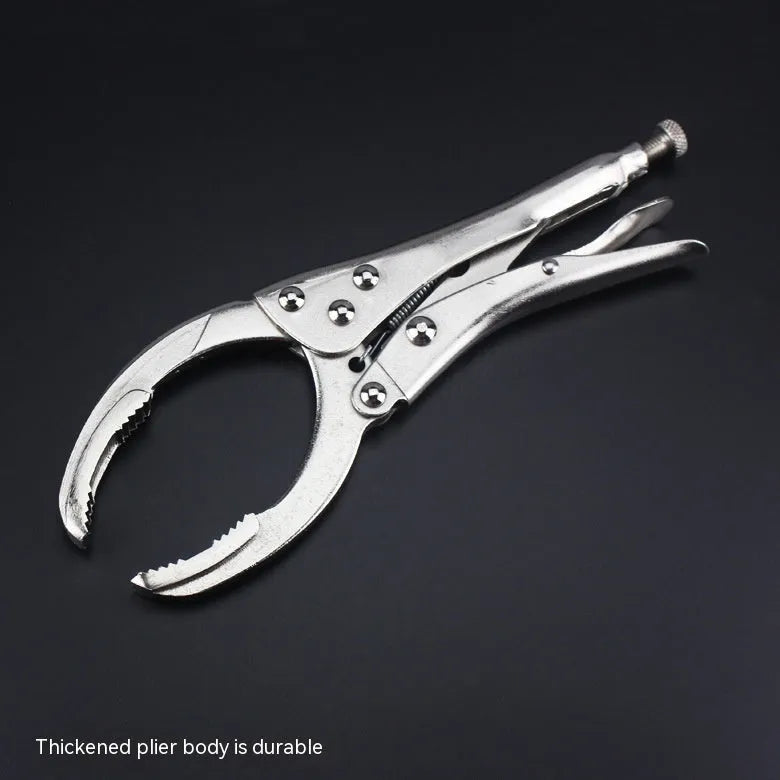 45 steel adjustable oil filter wrench showing clamp mechanism and 50-110mm range markings