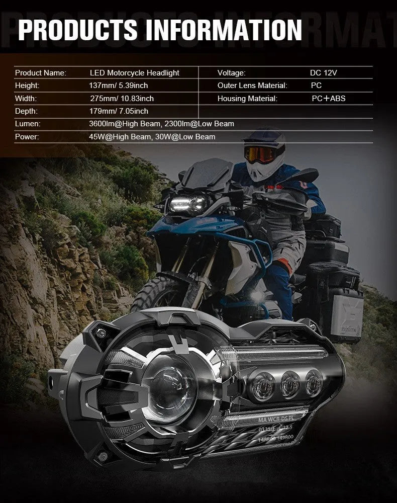 Black 7-inch round LED motorcycle headlight with a polycarbonate lens shown from the front.