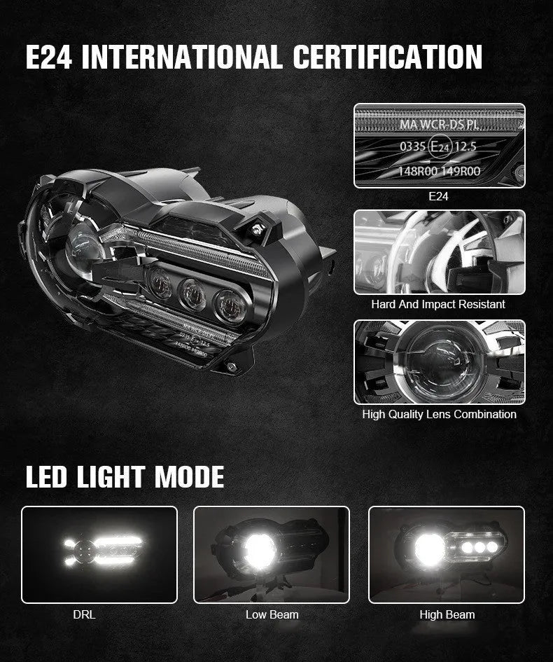 Black 7-inch round LED motorcycle headlight with a polycarbonate lens shown from the front.