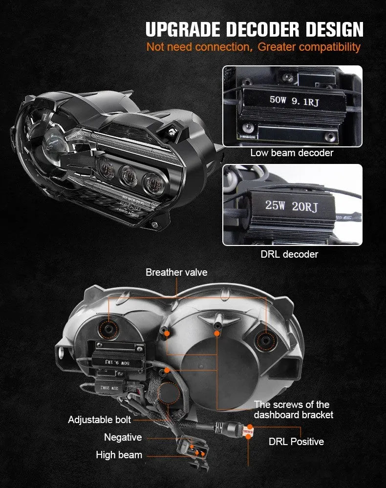 Black 7-inch round LED motorcycle headlight with a polycarbonate lens shown from the front.