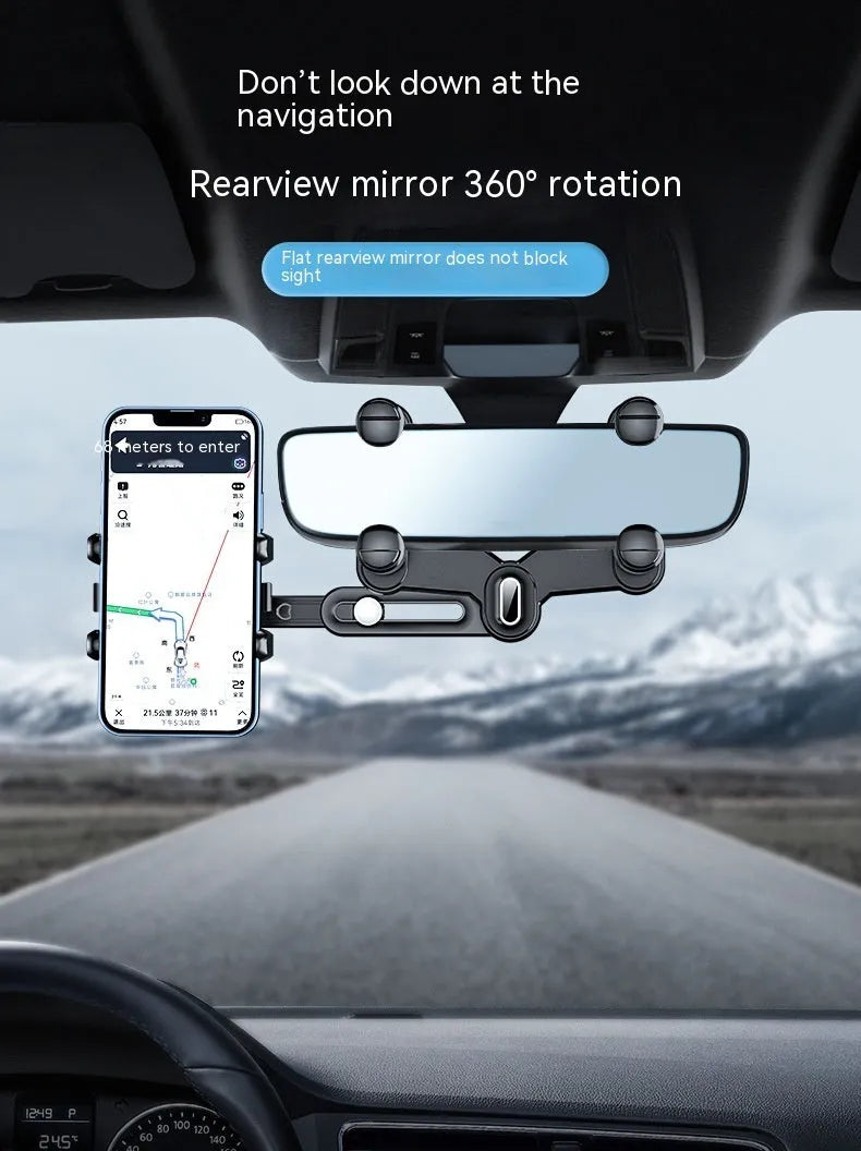 Retractable car phone holder mounted on rearview mirror with adjustable bracket for 4.0-7.0 inch mobile devices