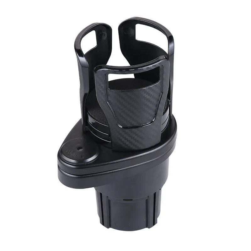 Double-layer rotating car cup holder in black, 11.6x8.7x19.1cm, on car centre console with water bottle